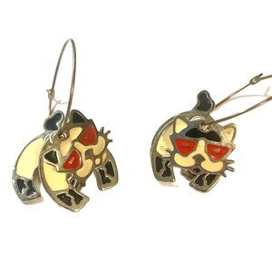 Edgar Berebi Cat Hoop Pierced Earrings Articulated Red Black White Silver Signed